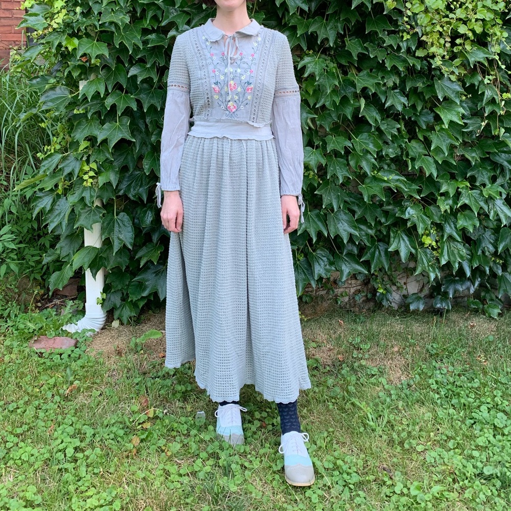 Grey rustic mori floral embroidered maxi dress